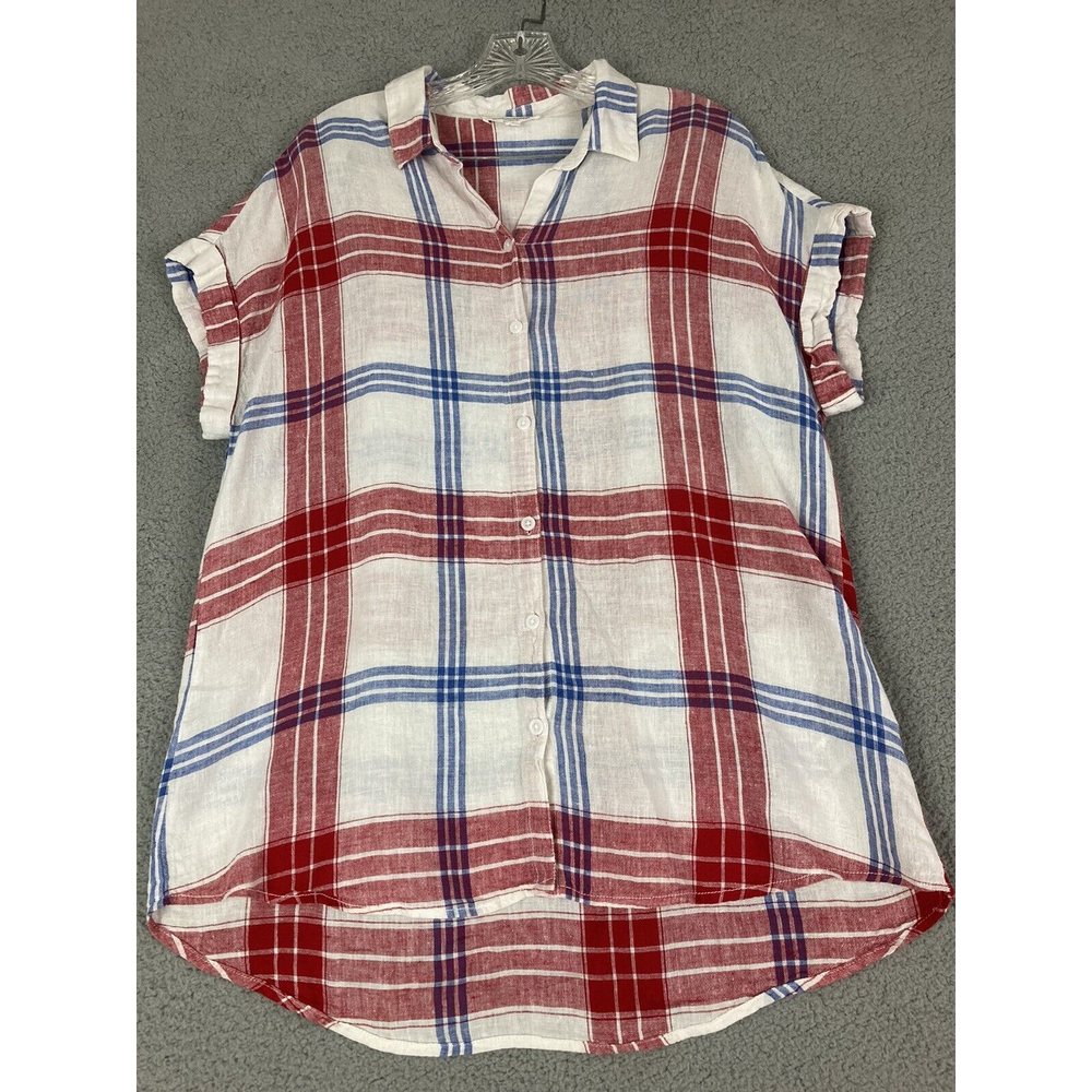 Beach Lunch Lounge Sz L Red Womens Short Sleeve Button Up Linen Shirt Plaid